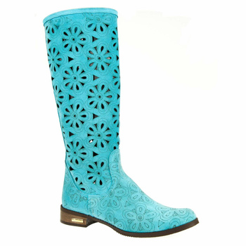 Kozaki ażurowe na płaskim Turkus