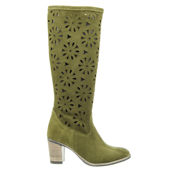 Kozaki Ażurowe Damskie Na Słupku Oliwkowe