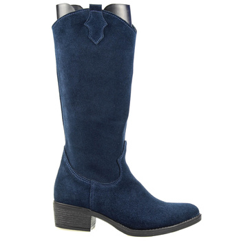 Damskie Kozaki NA Obcasie Skórzane Granatowe