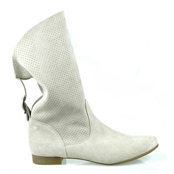 Ażurowe Botki Skórzane z Klamrą Jasny Beż