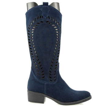 Damskie Kozaki Ażurowe Na Obcasie Ferro Granatowe