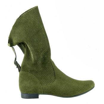 Ażurowe Botki Skórzane z Klamrą Oliwkowe
