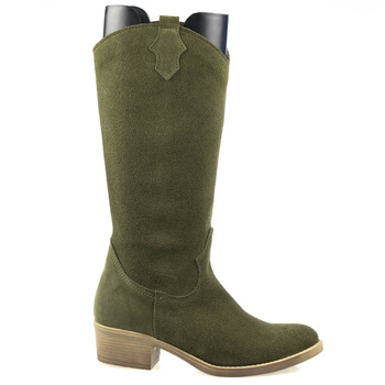 Damskie Kozaki NA Obcasie Skórzane Oliwka