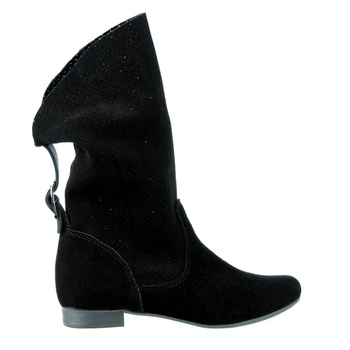 Ażurowe Botki Skórzane z Klamrą Czarne